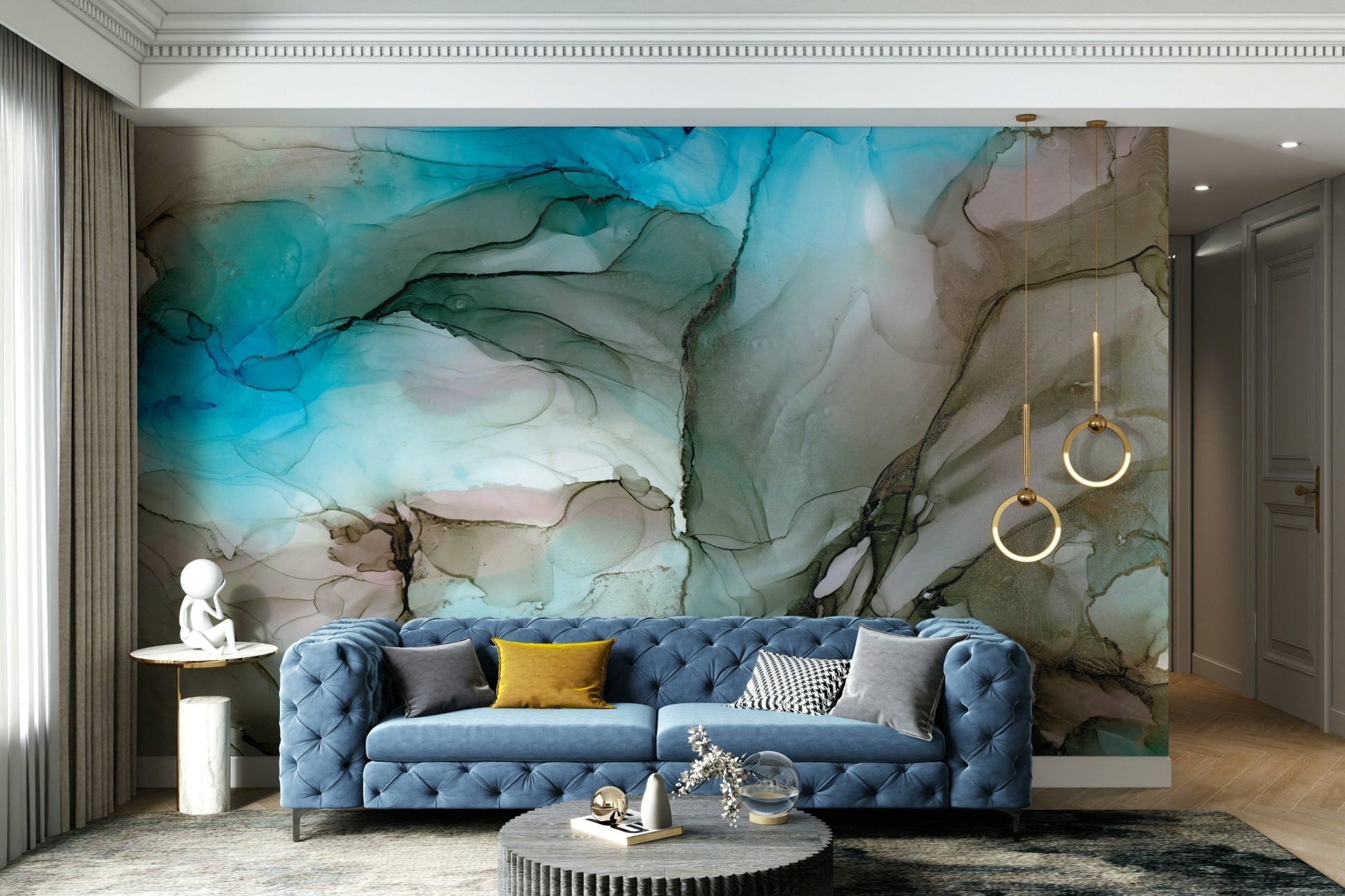 Ephemeral Depths Wall Mural in serene deep blue tones

