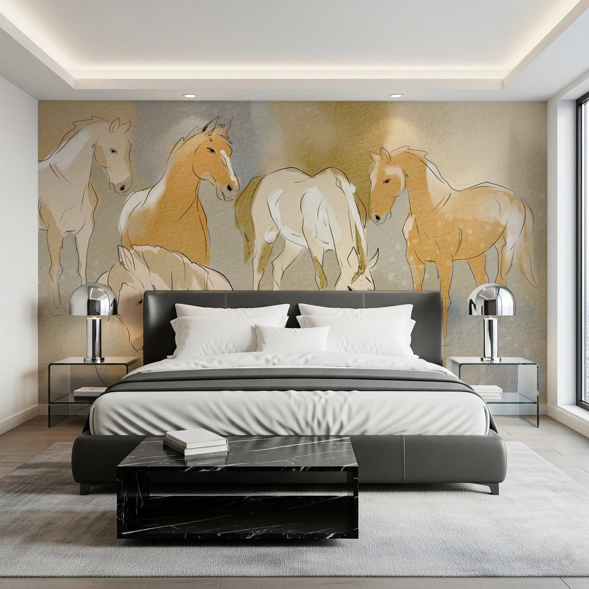 Equestrian Echoes Wall Mural with horses and watercolor background