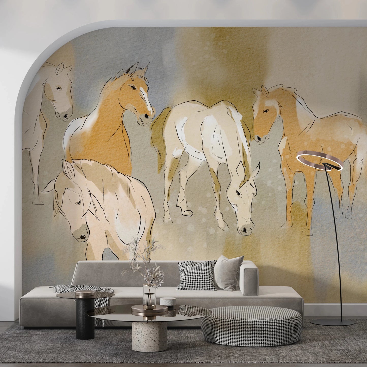 Contemporary neutral horse sketches on Equestrian Echoes for living room Wall Mural