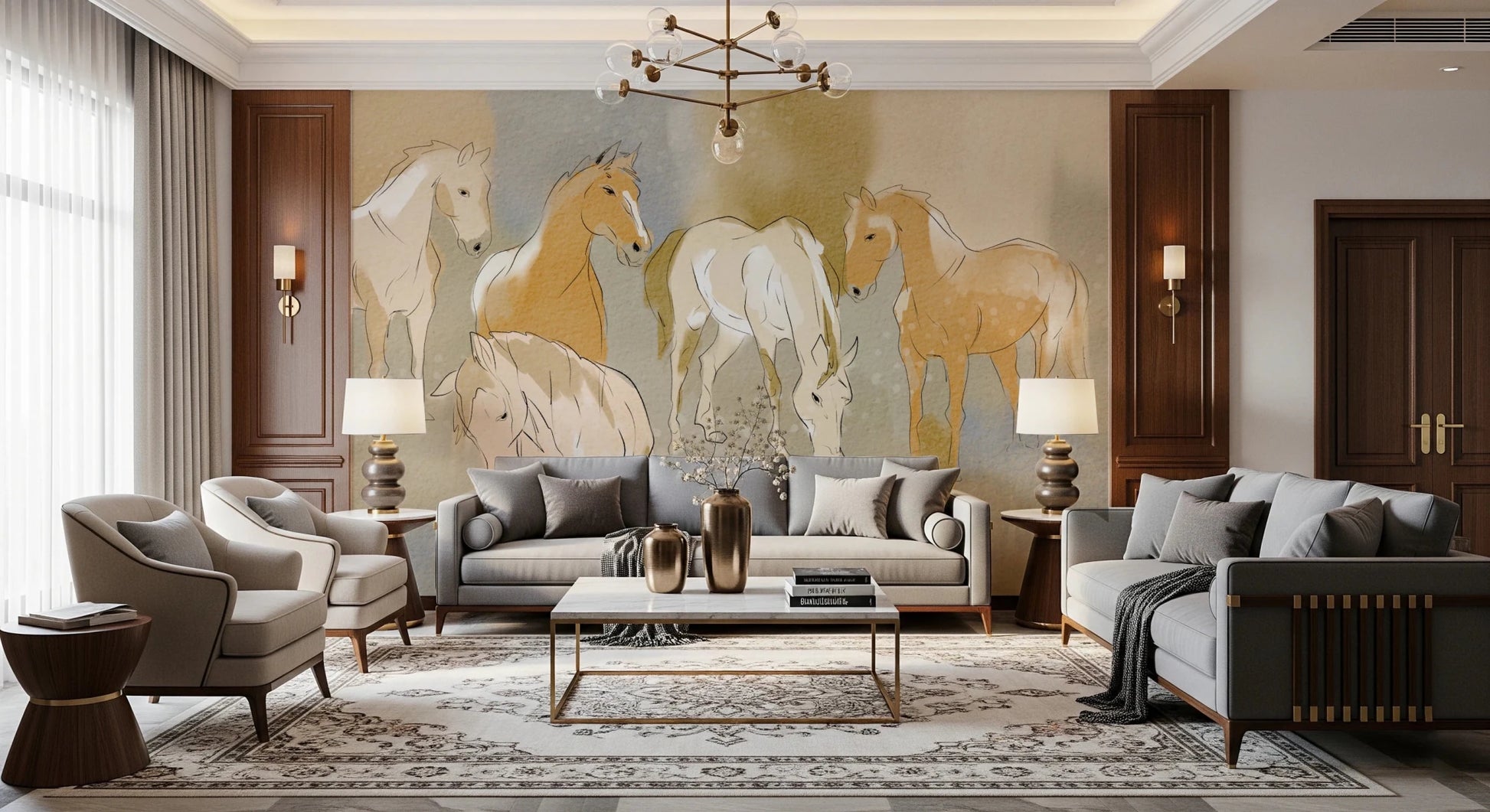 Equestrian Echoes Wall Mural with blue and gold abstract tones