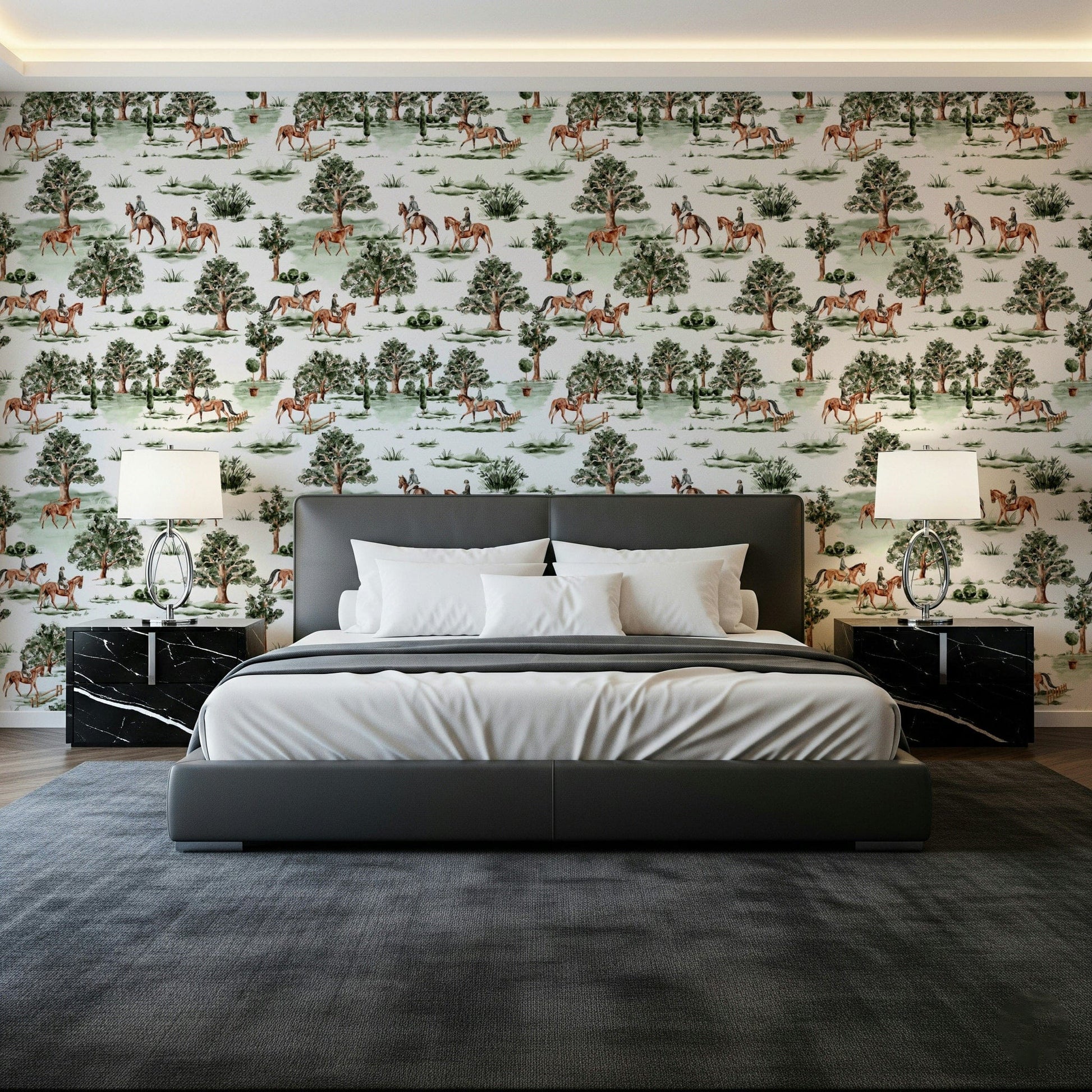 Hand-painted Equestrian Escape scenic home mural.