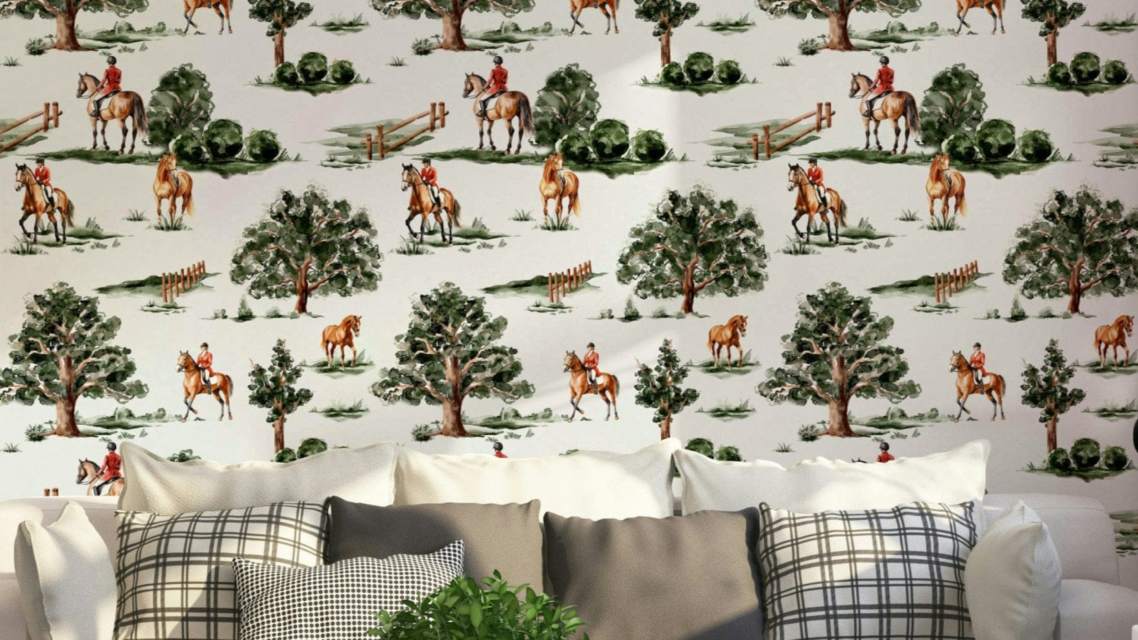 Wallpaper mural of equestrian riders on horseback.

