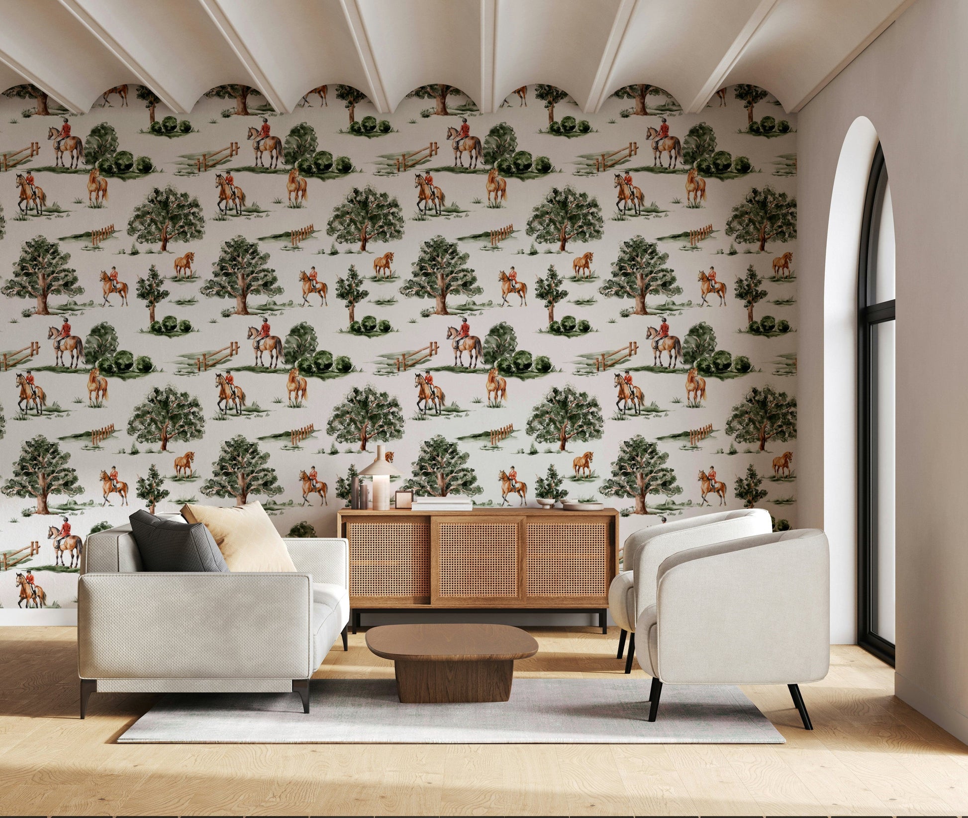 Jockey figures on Riding in the Country bedroom wallpaper.