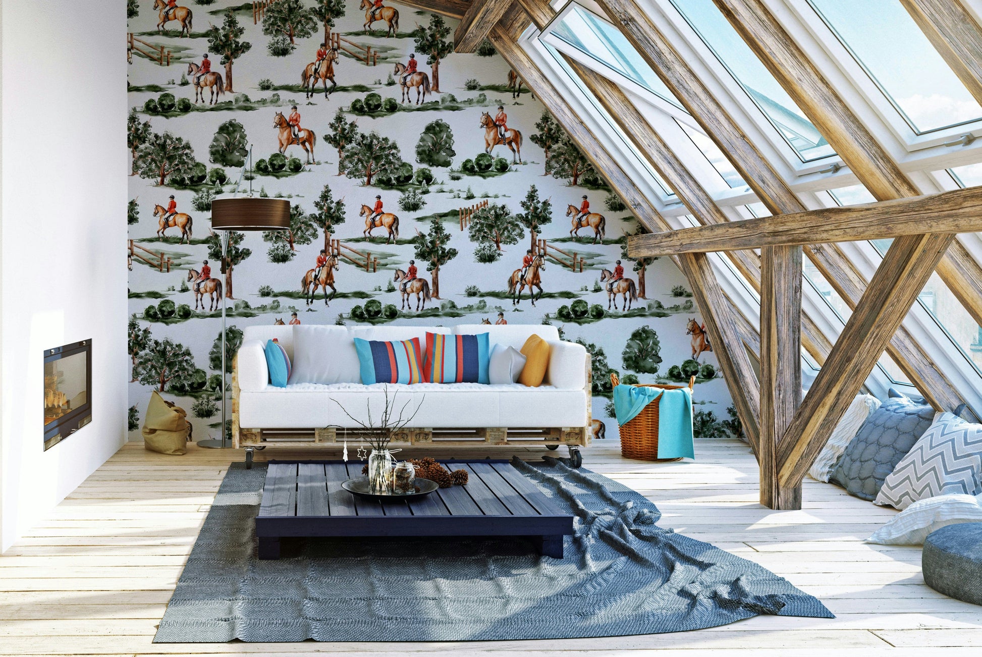 A print of a group of riders and dogs on a hunt.

