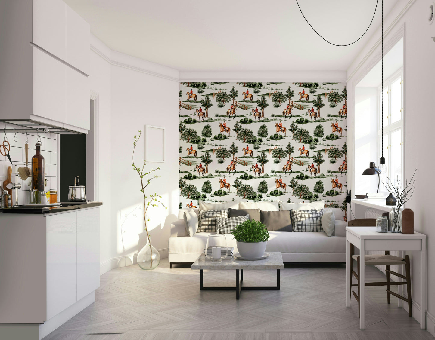 A wall covering with a scenic, pastoral landscape.


