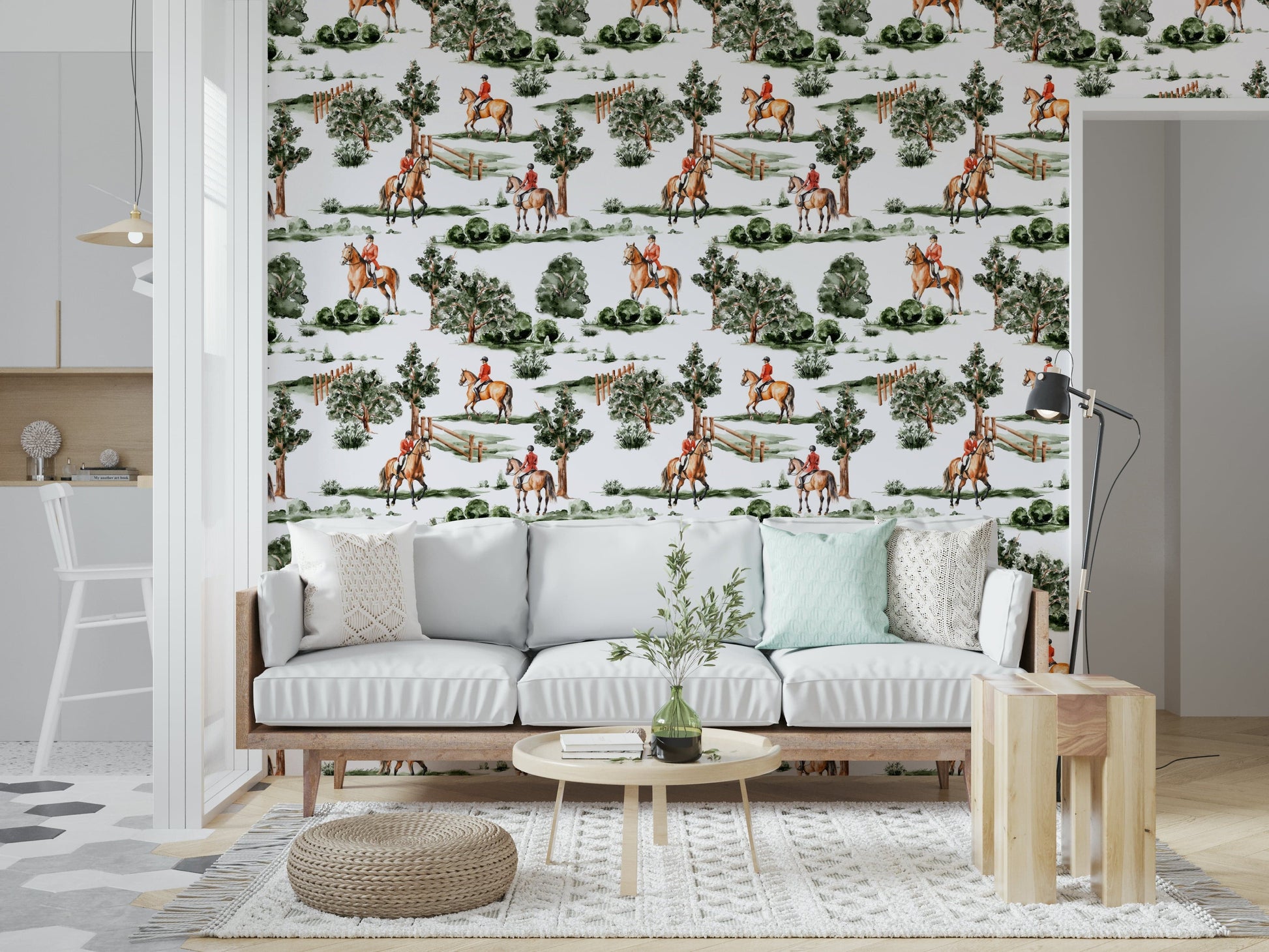 Green landscapes, brown horses, Equestrian Dreamscape patterned wall paper decor.