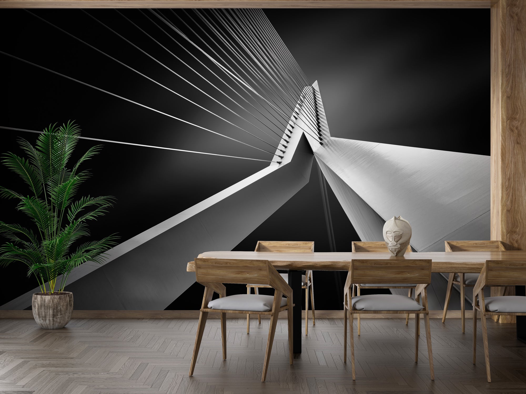 Erasmus Bridge Abstract Architectural wallpaper mural in black and white behind a wood dining table and palm
