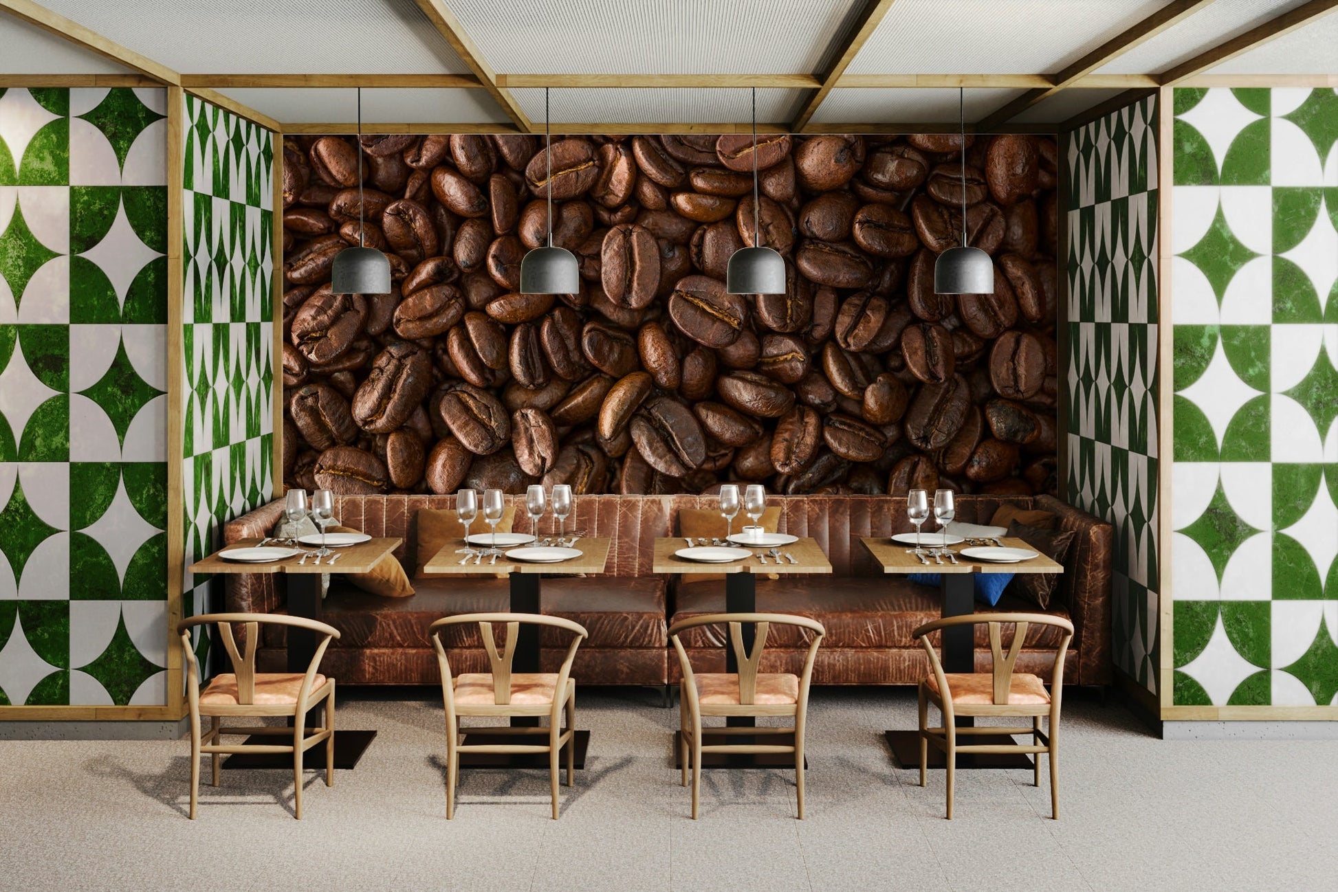 Beautiful coffee scene mural with rich espresso tones for a warm space.

