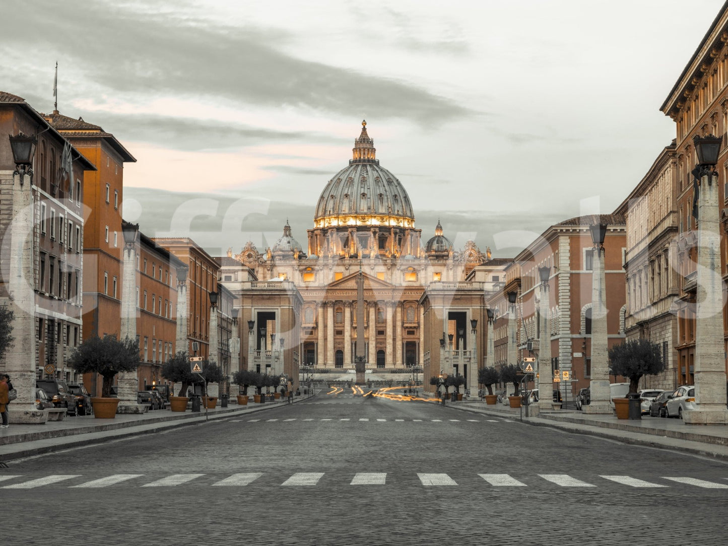 Eternal City Vista warm glow cathedral dome wallpaper for walls.