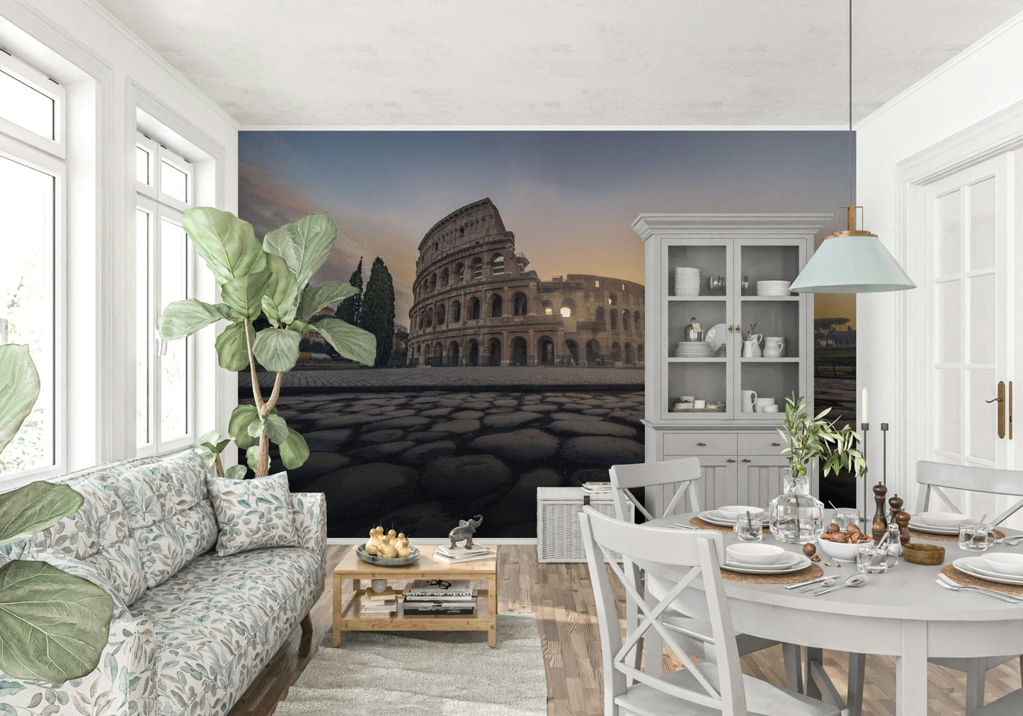 Historic Rome Colosseum wall mural in dining area, classic travel style, soft earthy colors