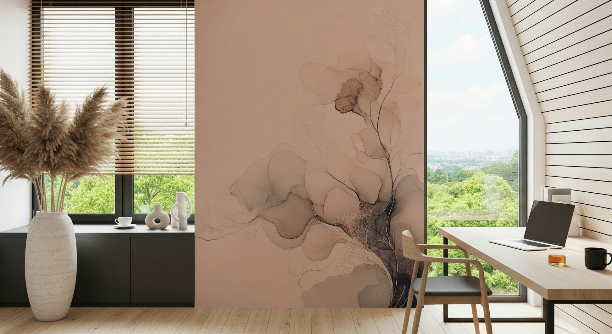 Elegant abstract wall mural with airy tones and upward movement creating a sense of calm elevation.