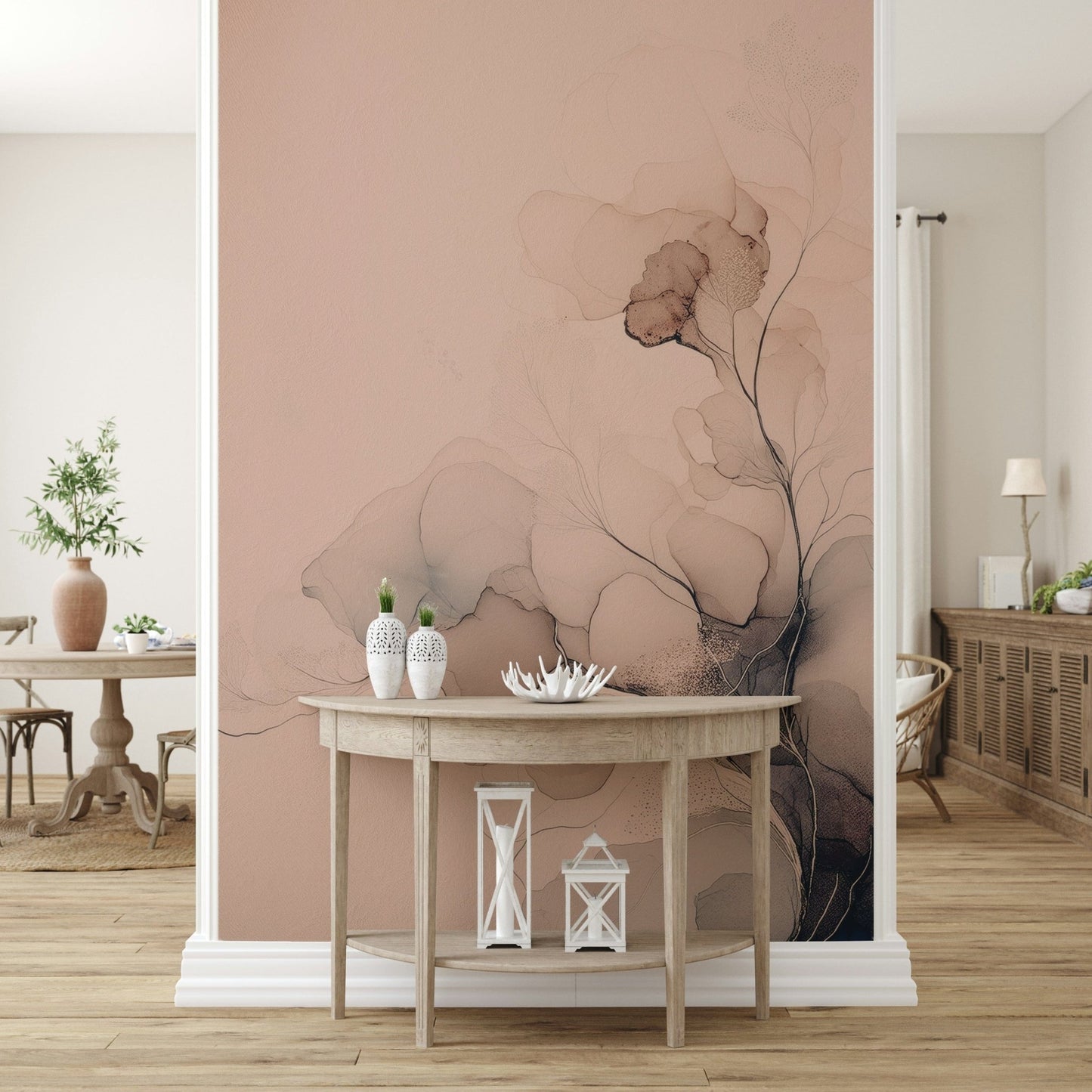 Abstract wall mural with misty layers and light tones evoking a tranquil, uplifting atmosphere.