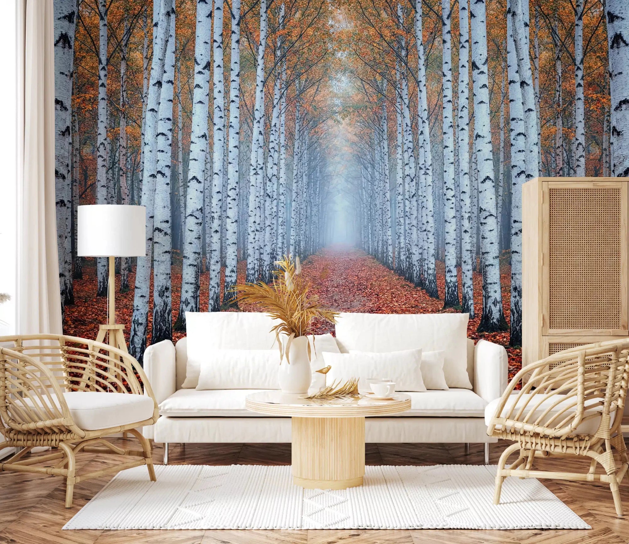 Living room birch forest mural with autumn leaves path