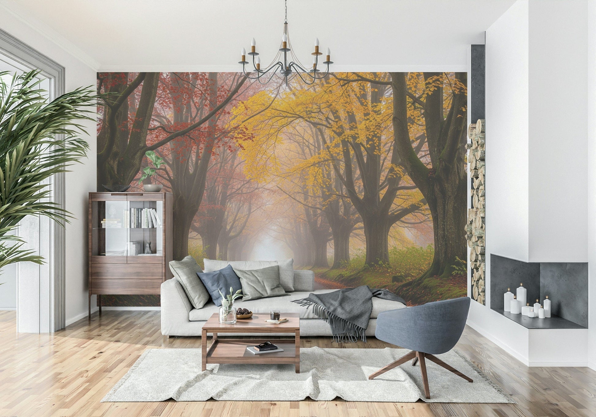 Ethereal fall road wall mural in modern living room, misty trees and warm color leaves, feature wall