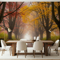 Fall road mural behind bed, soft mist and amber leaves, calm bedroom feature wall