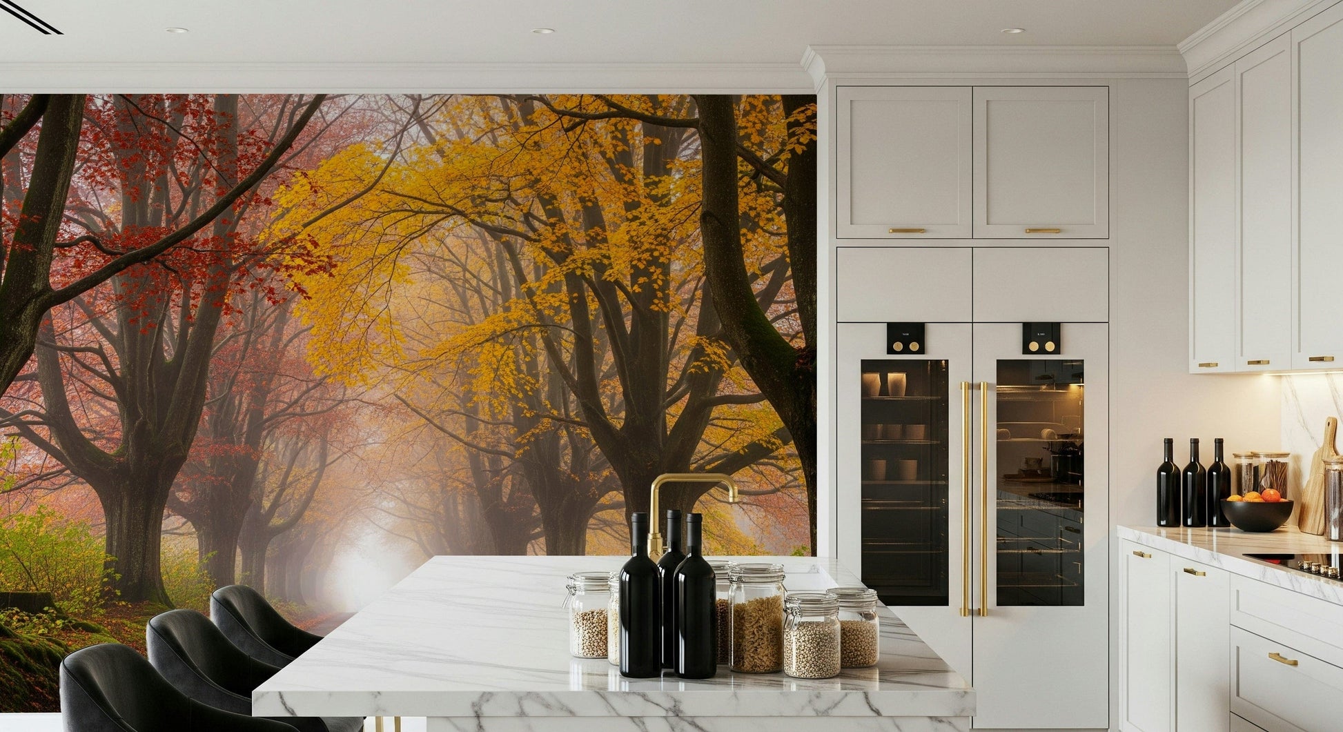 Autumn road wall mural in apartment dining area, tree-lined path, muted color palette