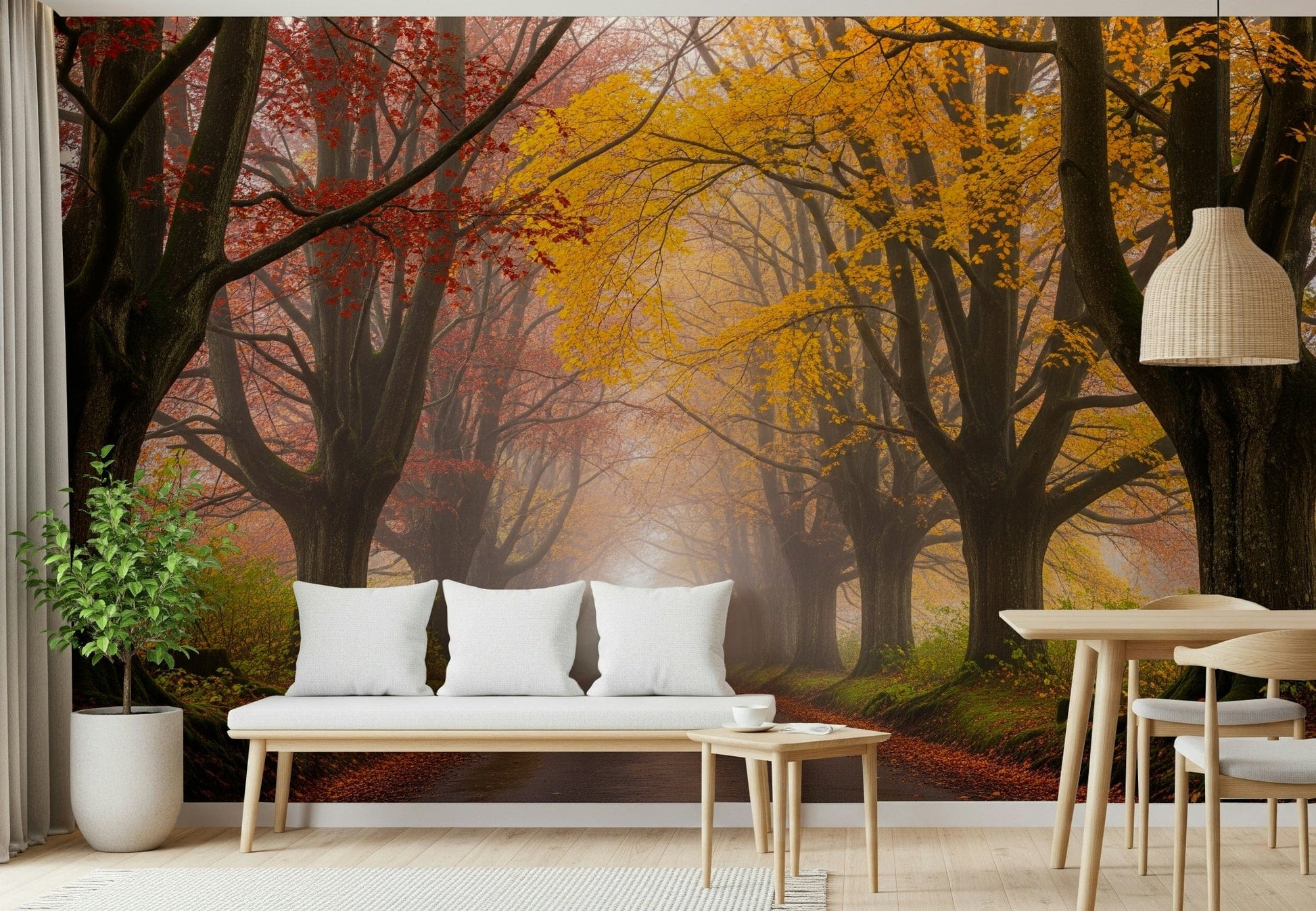 Misty fall road mural in reading nook, cozy chair, soft lighting, warm color scene