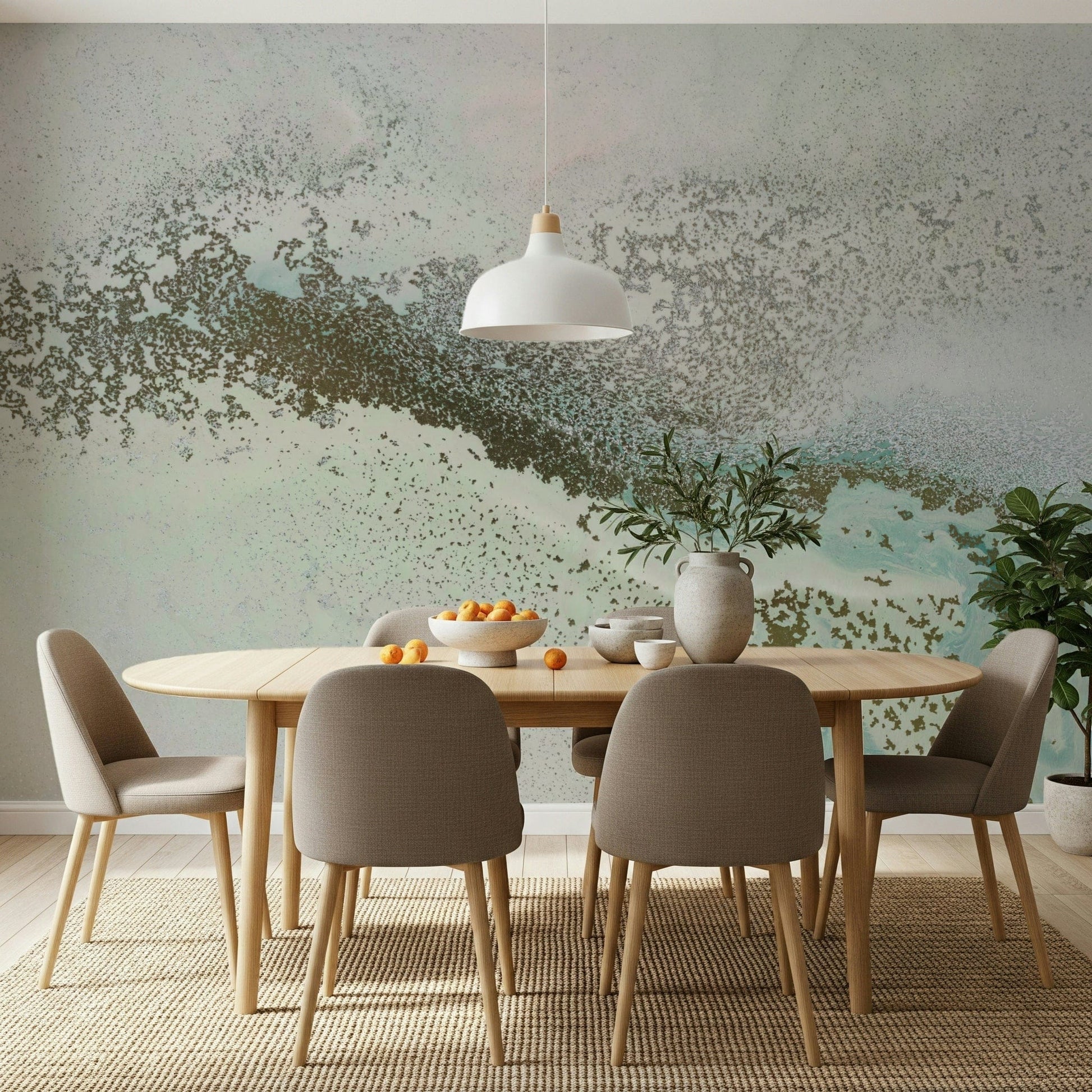 A calming abstract design wallpaper mural that defines a space.