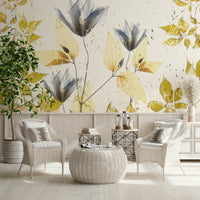 A peaceful botanical design mural on decorative wallpaper.

