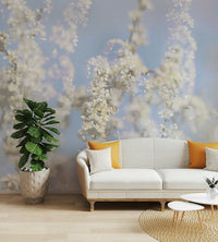 Ethereal Blossom Photography - Soft White Floral Art Print Against Blue Sky Wall Mural