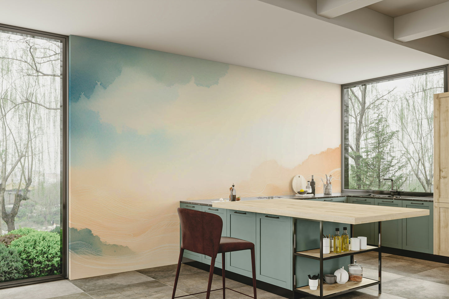 Modern kitchen area with a nature-inspired wall mural.