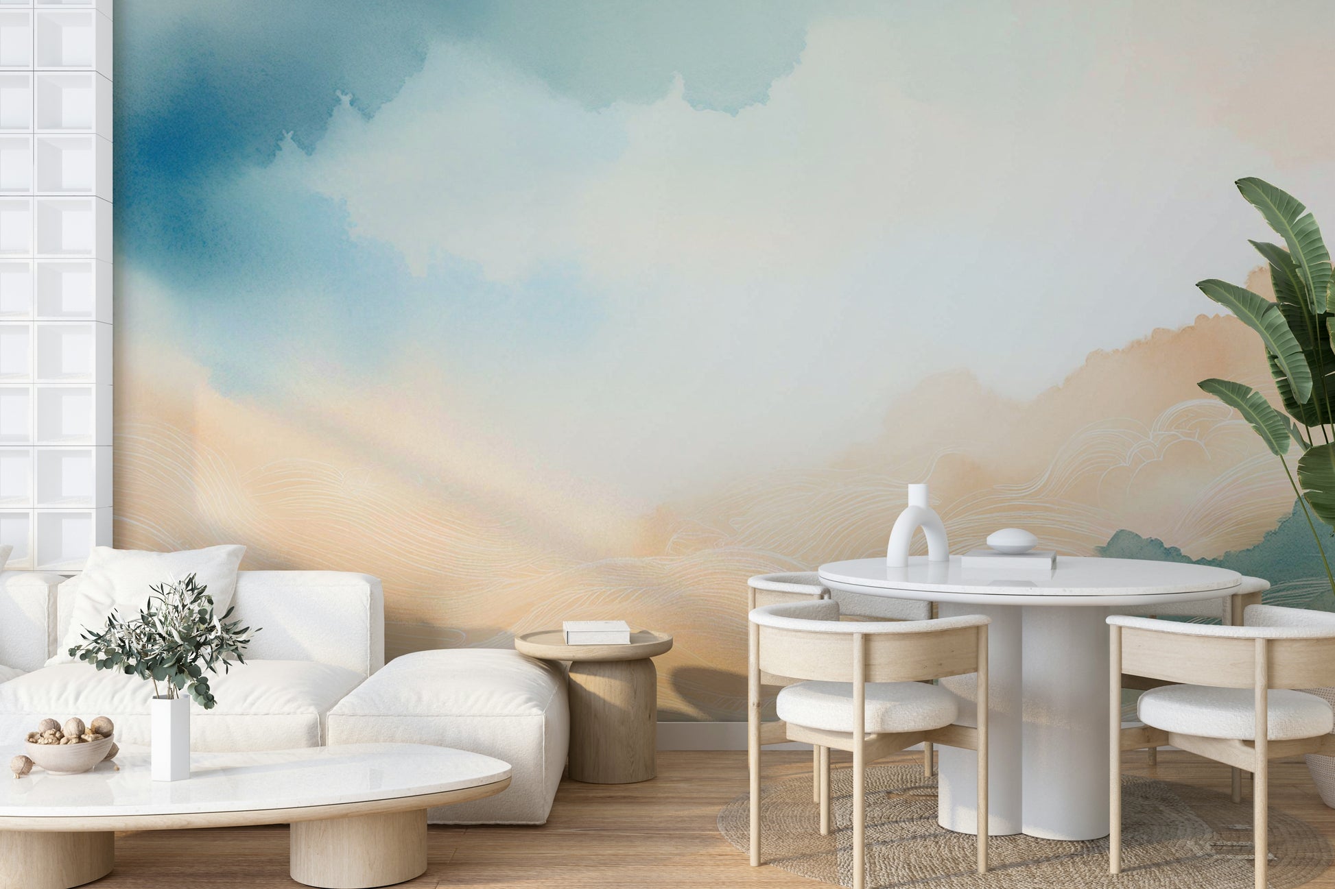 Traditional flat home décor featuring a soft blue sky mural.