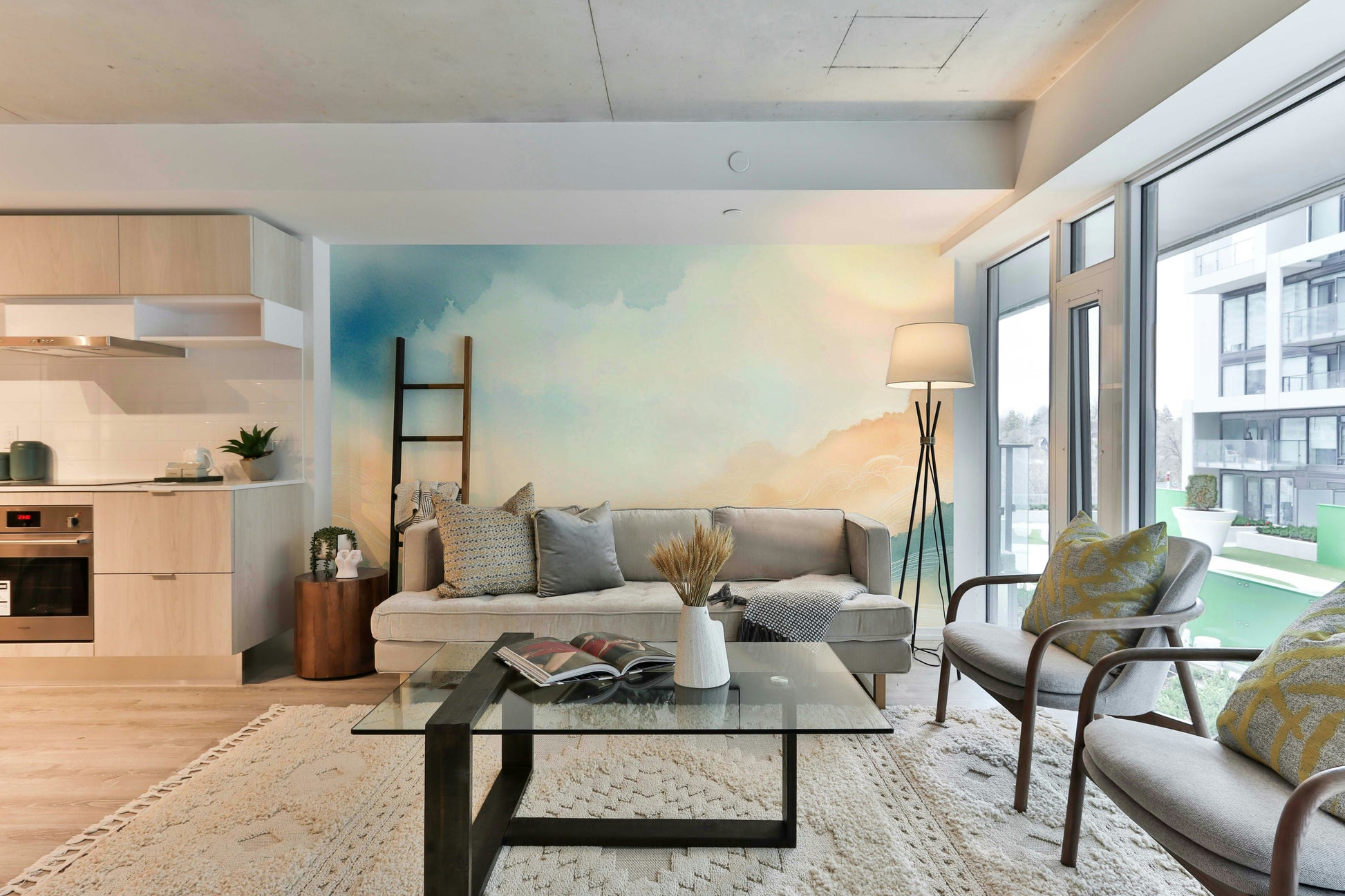 Ethereal Cloud Horizons Wall Mural in a light-filled lounge.