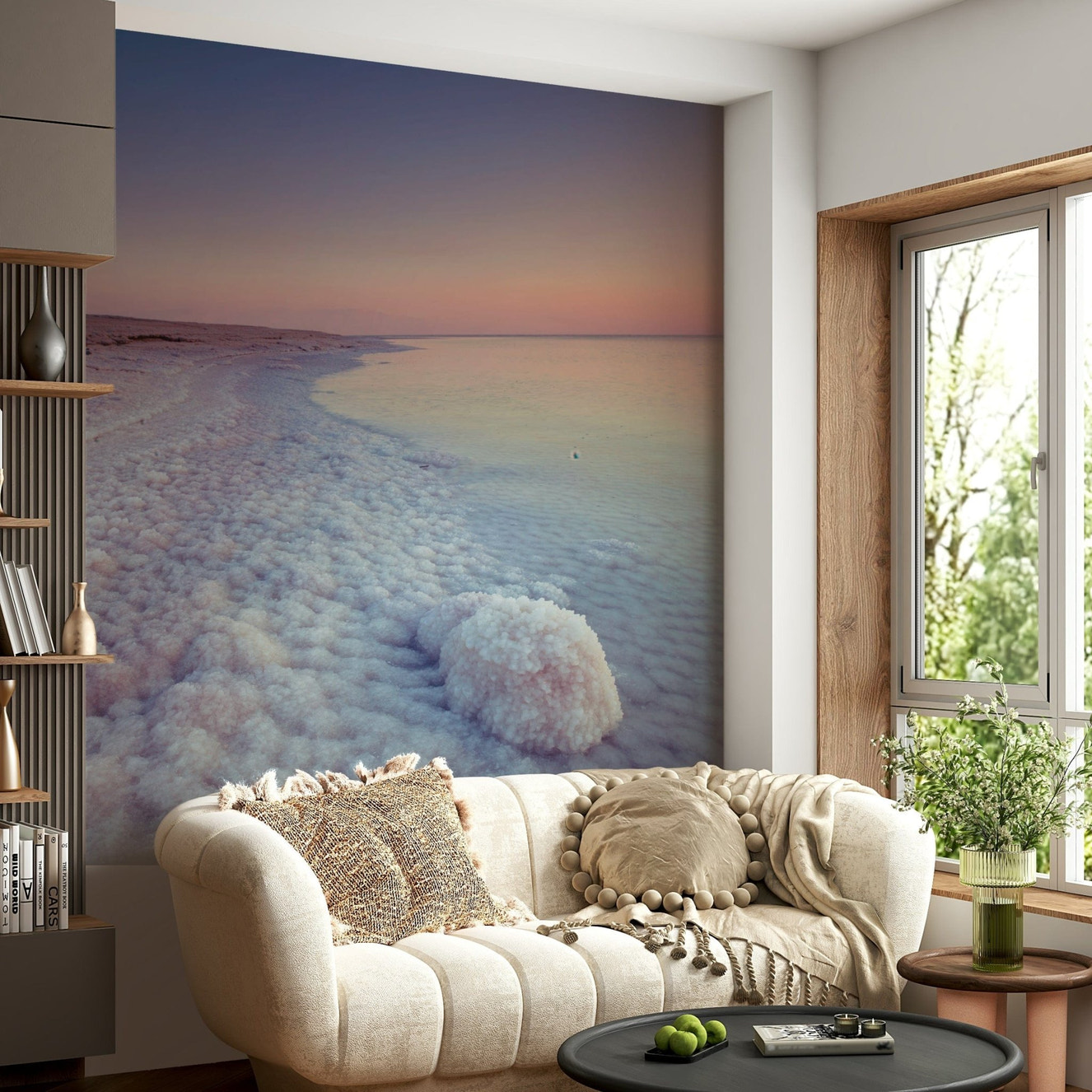 Vertical Dead Sea Coastline wallpaper, pastel horizon, clean nature mural.