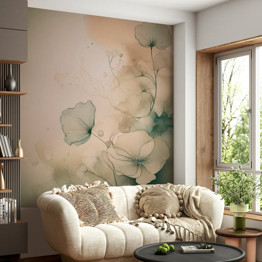 Ethereal Floral Hues wallpaper mural behind a cream scalloped sofa with beige cushions and a knit throw