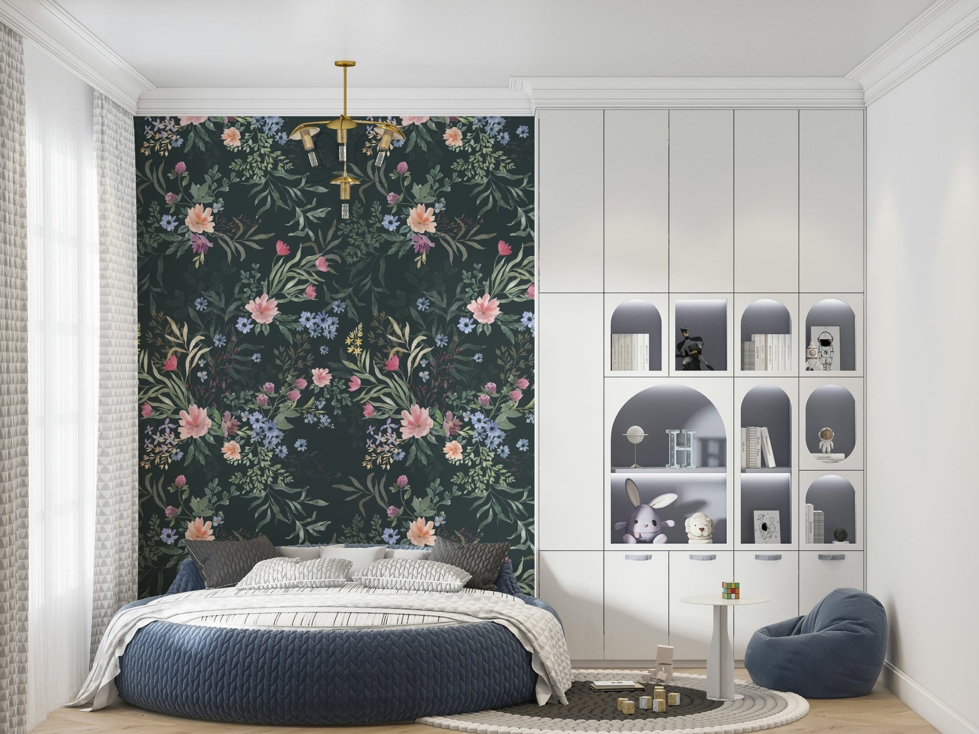 Soft watercolor-style flowers forming a graceful, ethereal wall design.