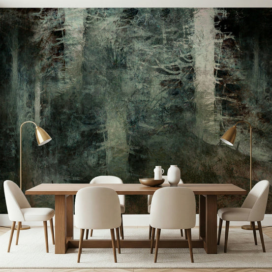 Ethereal Forest Dream wallpaper mural of a dark green painterly forest behind a wood dining table and cream chairs