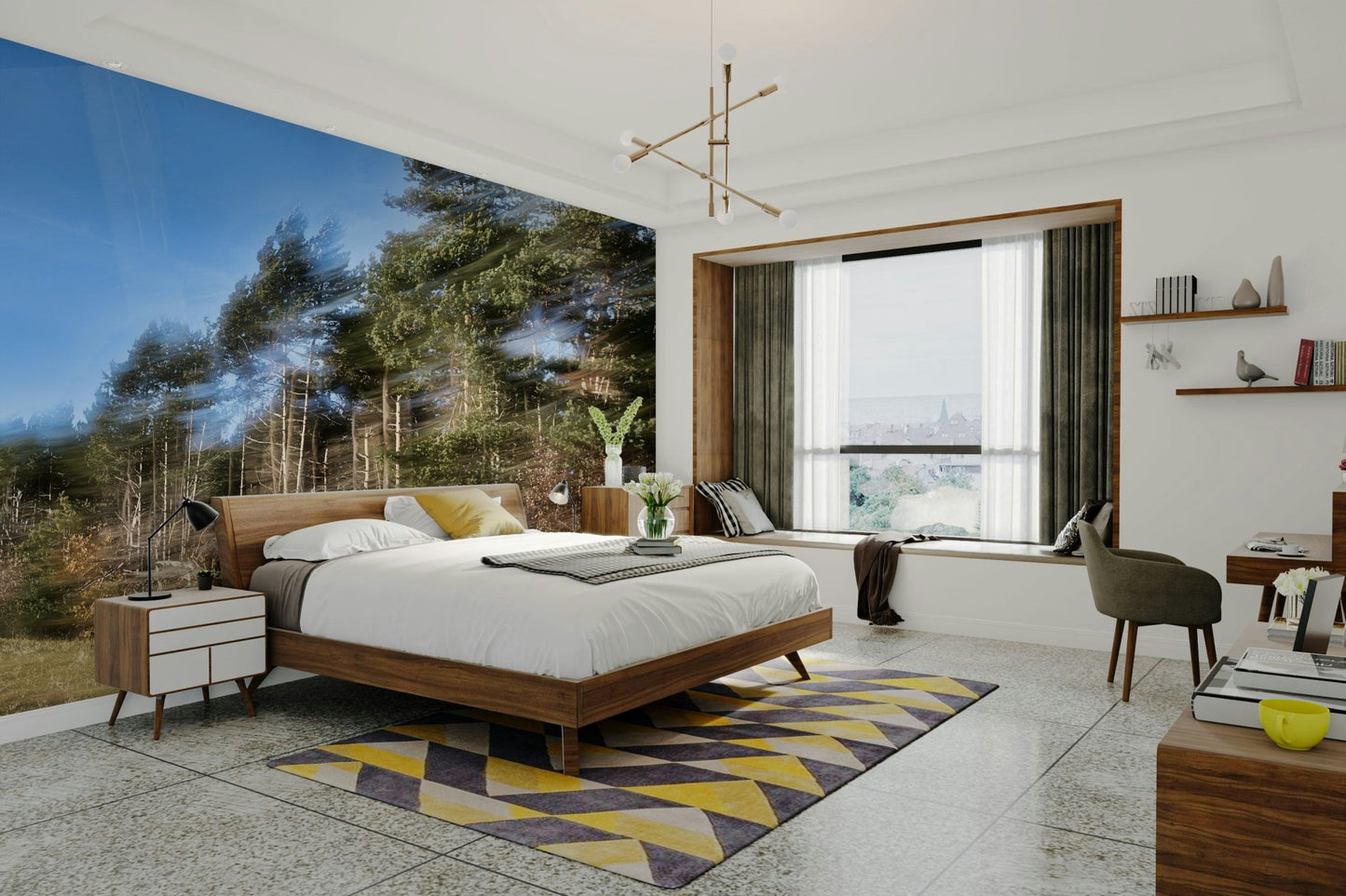 Light appears to stream through the abstract forest, creating a soft glow.

