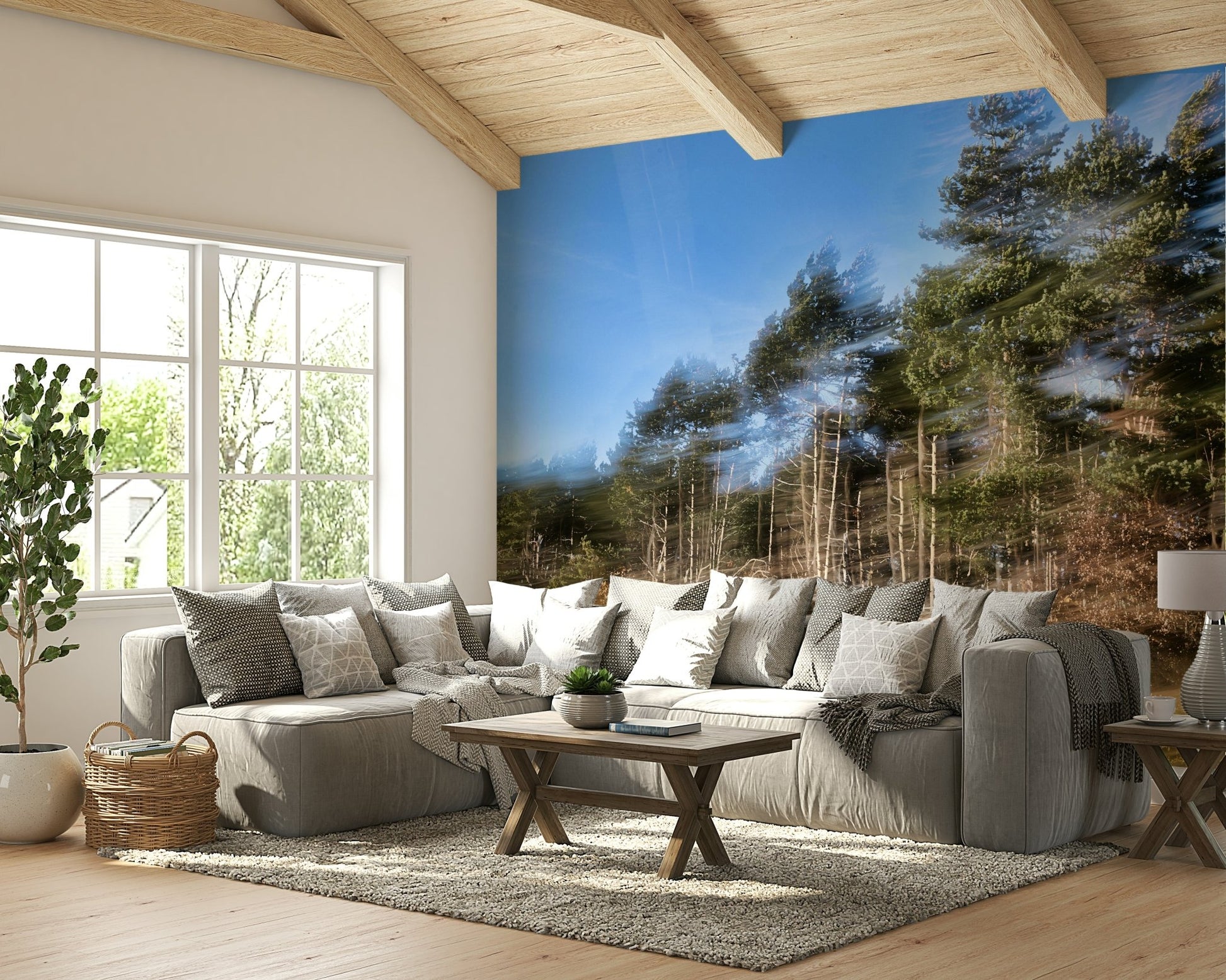 The room has a calm, modern atmosphere due to the artwork.

