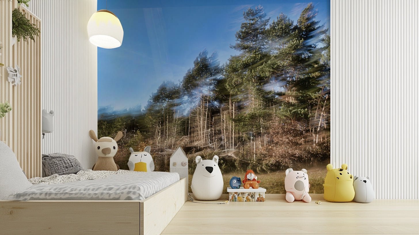 The mural is the centerpiece of a living room with minimalist furniture.

