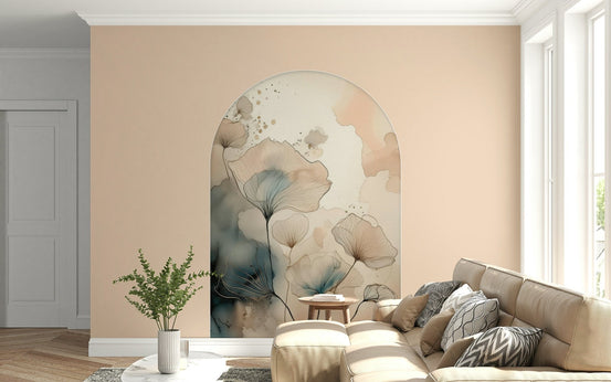 Ethereal Garden Archway wallpaper mural of blush and teal watercolor blooms behind a beige sectional sofa in a living room