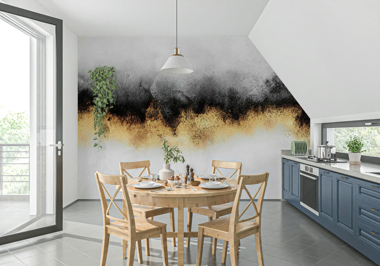 A peaceful modern abstract mural on decorative wallpaper.