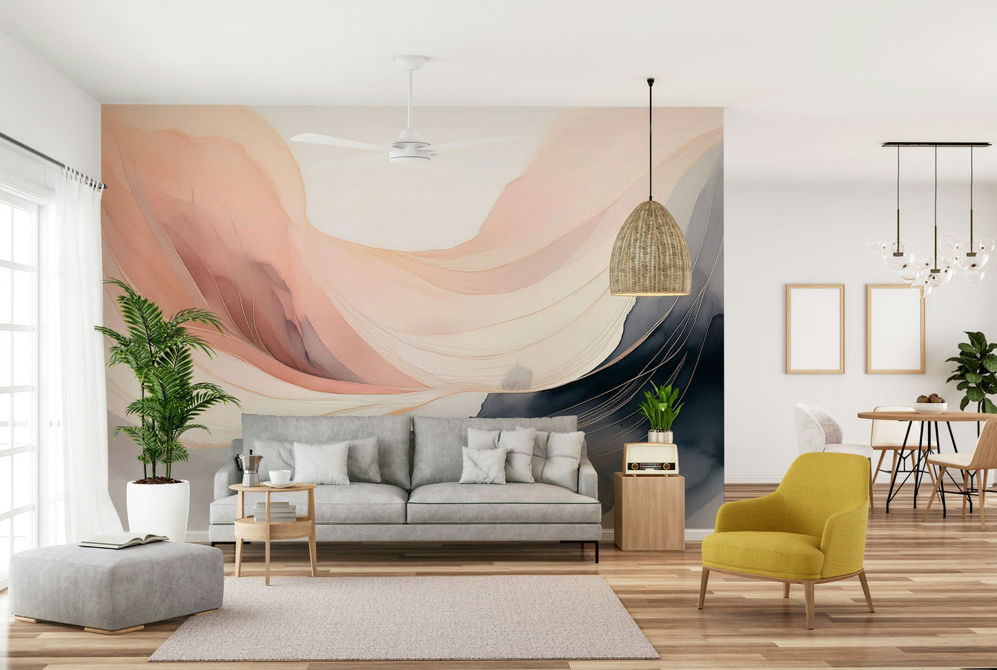 Light and airy apartment living space with pastel wall art.