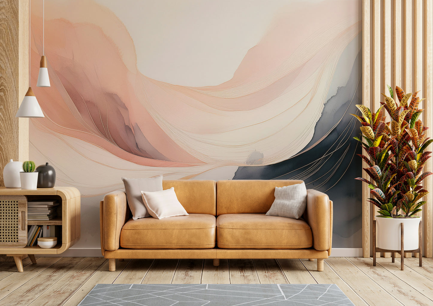 Ethereal Hues Wall Mural behind a neutral-colored modern sofa.