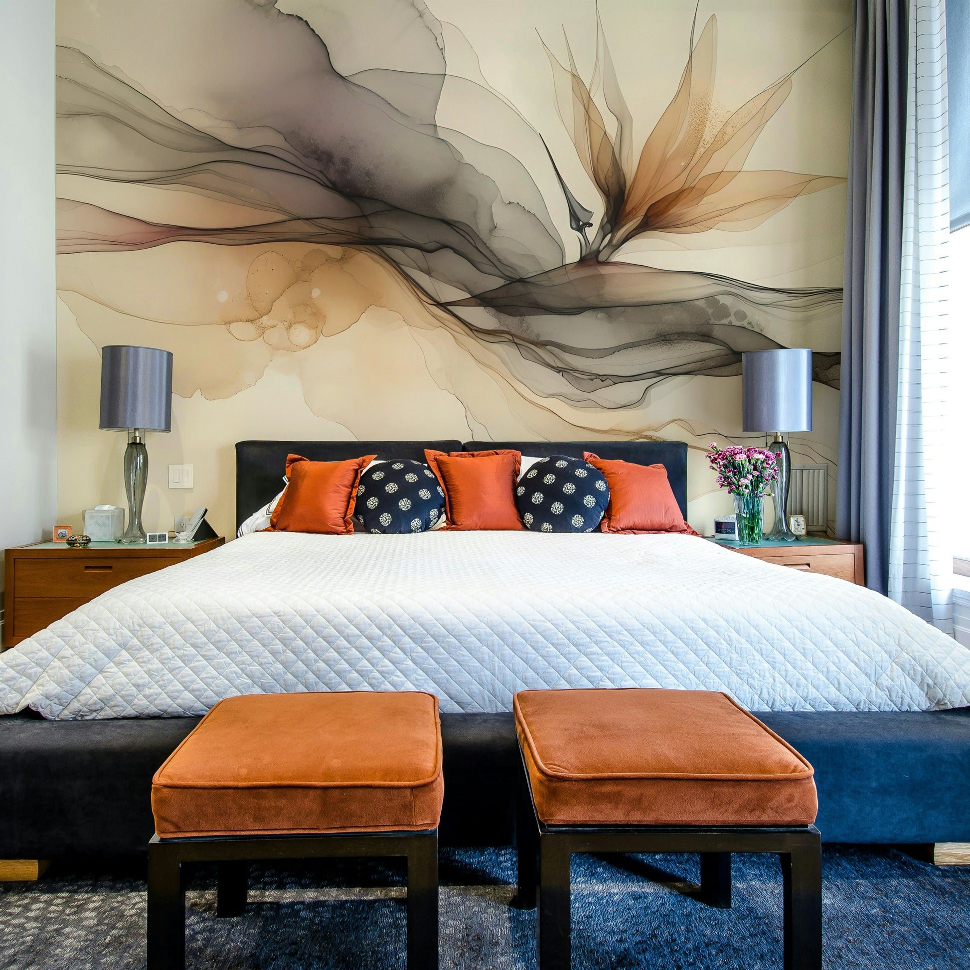 Ethereal Ink Flow Wall Mural behind a timber furniture set in a living space.