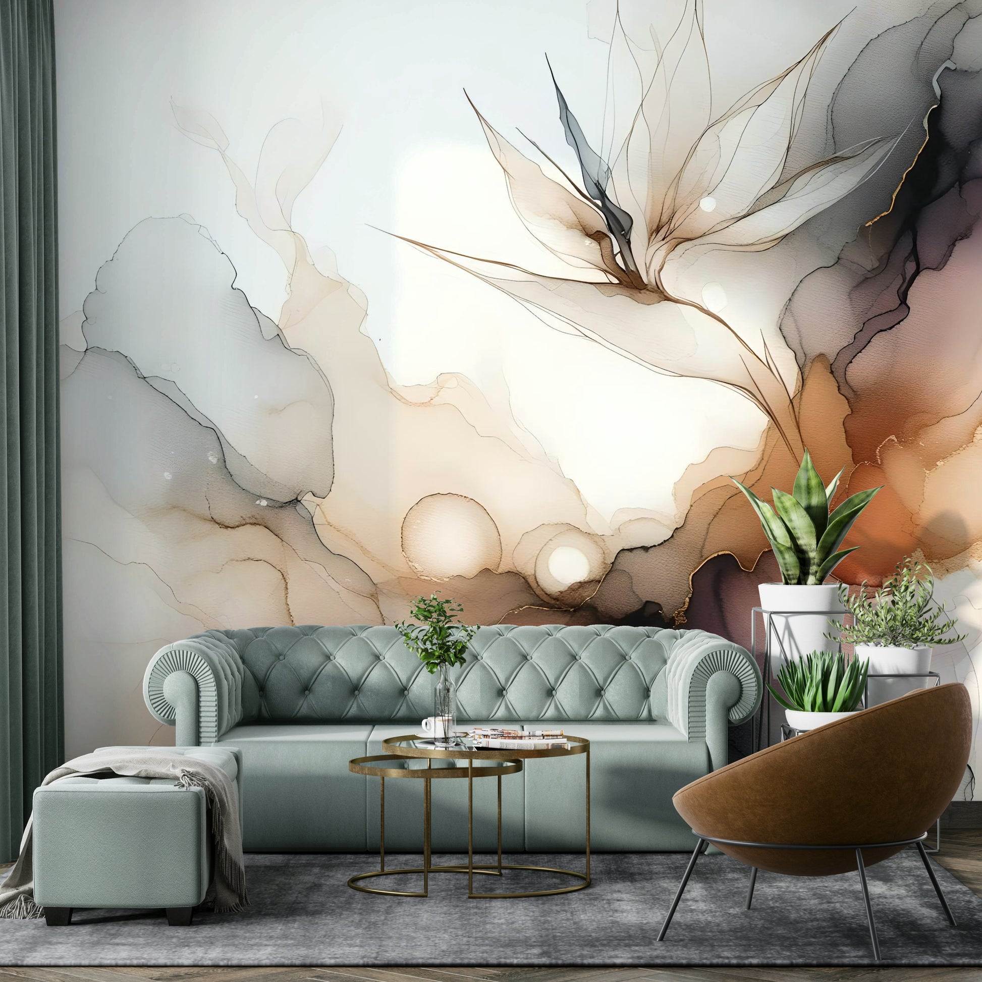 Traditional flat home décor featuring a soft grey ink mural.