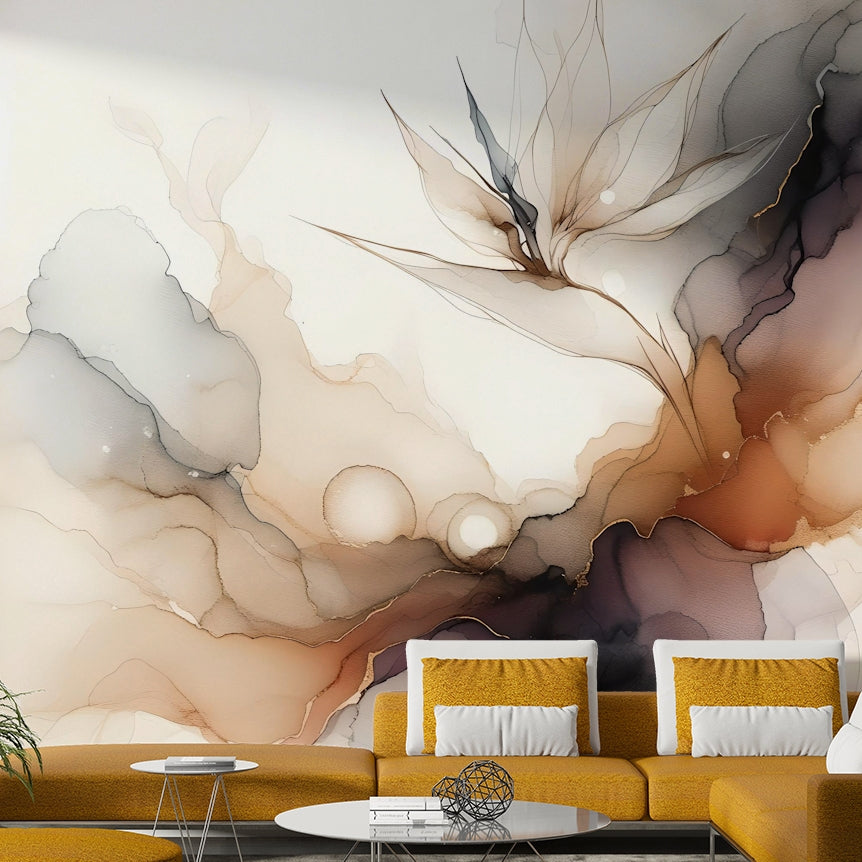 Ethereal Inkscape Harmony Wall Mural behind a velvet armchair.