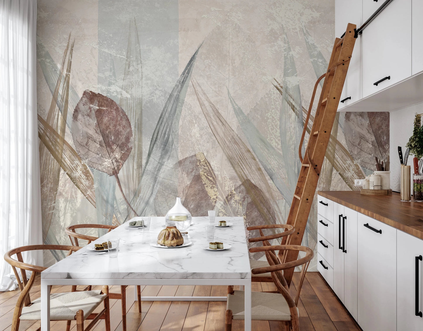 Nature inspired Ethereal Leaves Cream Wall Mural for indoor walls.