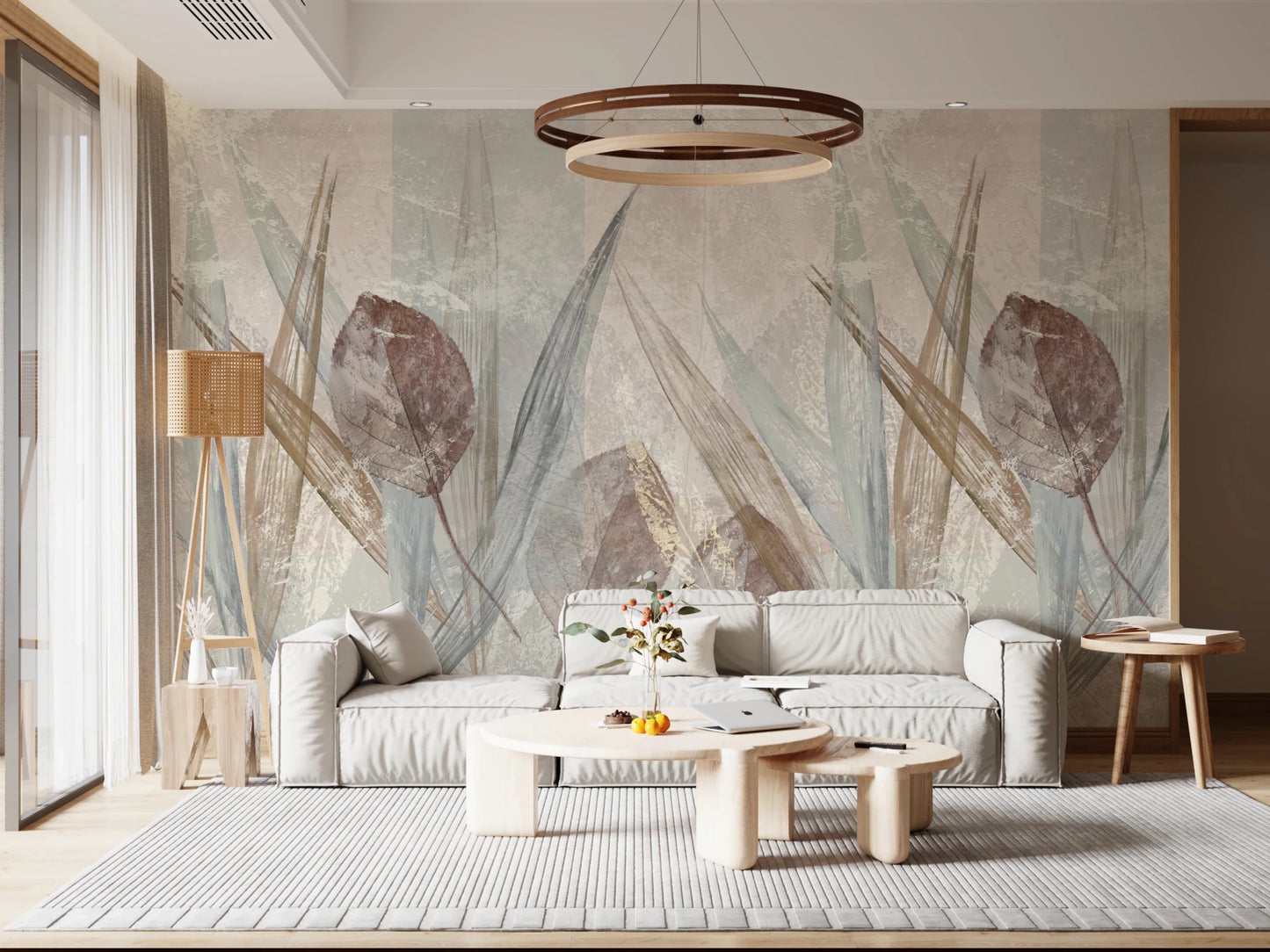 Close up of Ethereal Leaves Cream Wall Mural showing leaf details.