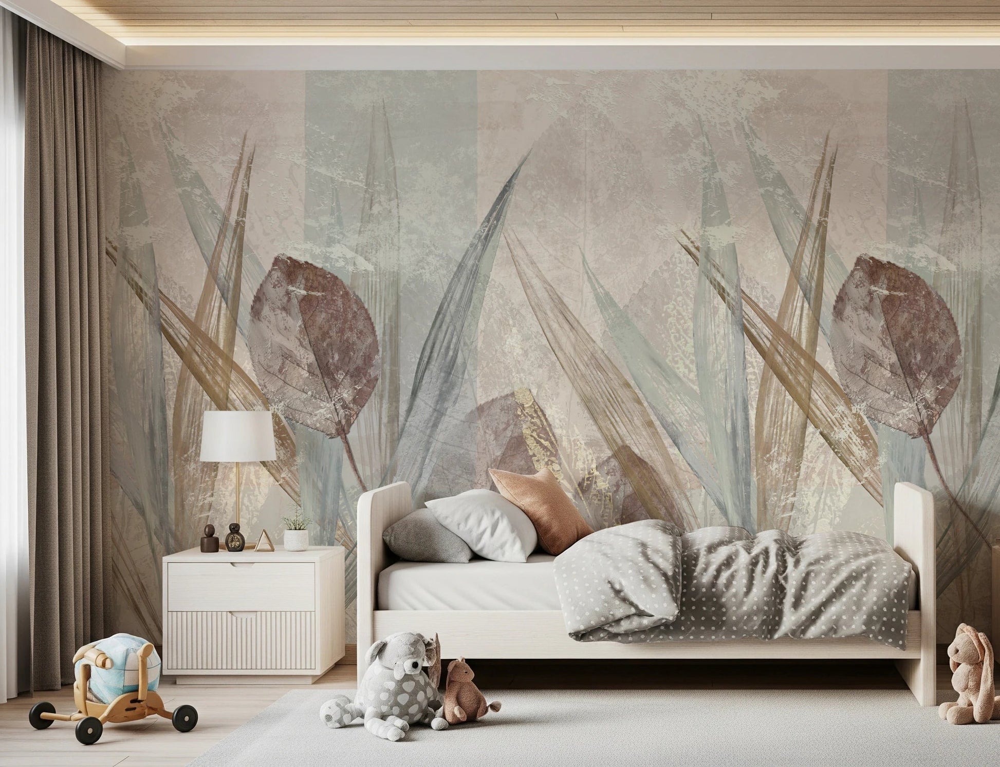 Cream and taupe Ethereal Leaves Cream Wall Mural textures.