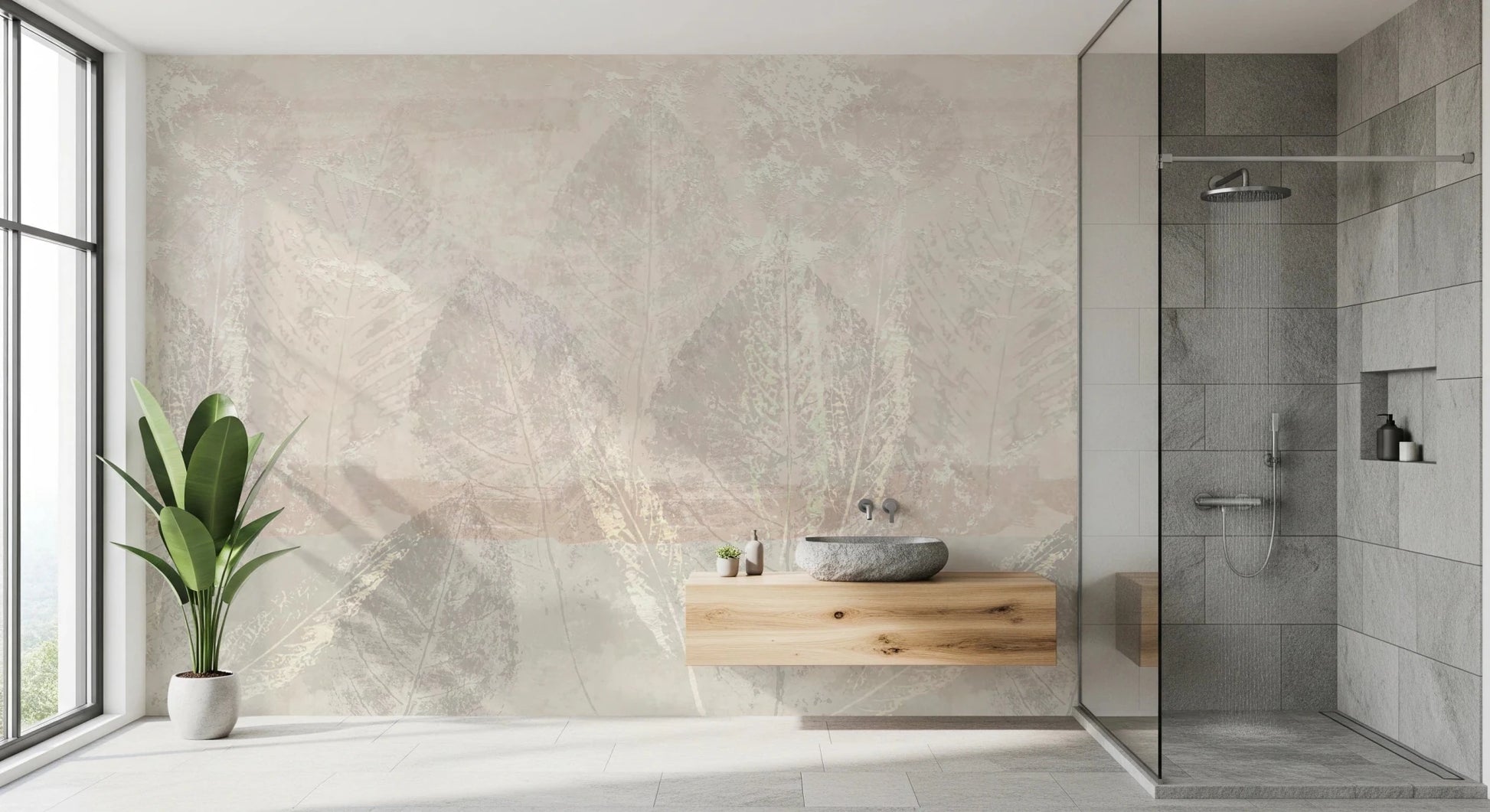 Ethereal Leaves Texture Cream Wall Mural for bathroom featuring distressed botanical art