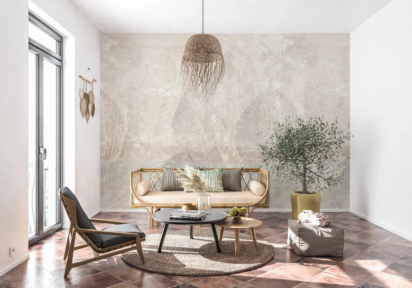Shabby chic style Ethereal Leaves Texture Cream Wall Mural for interiors