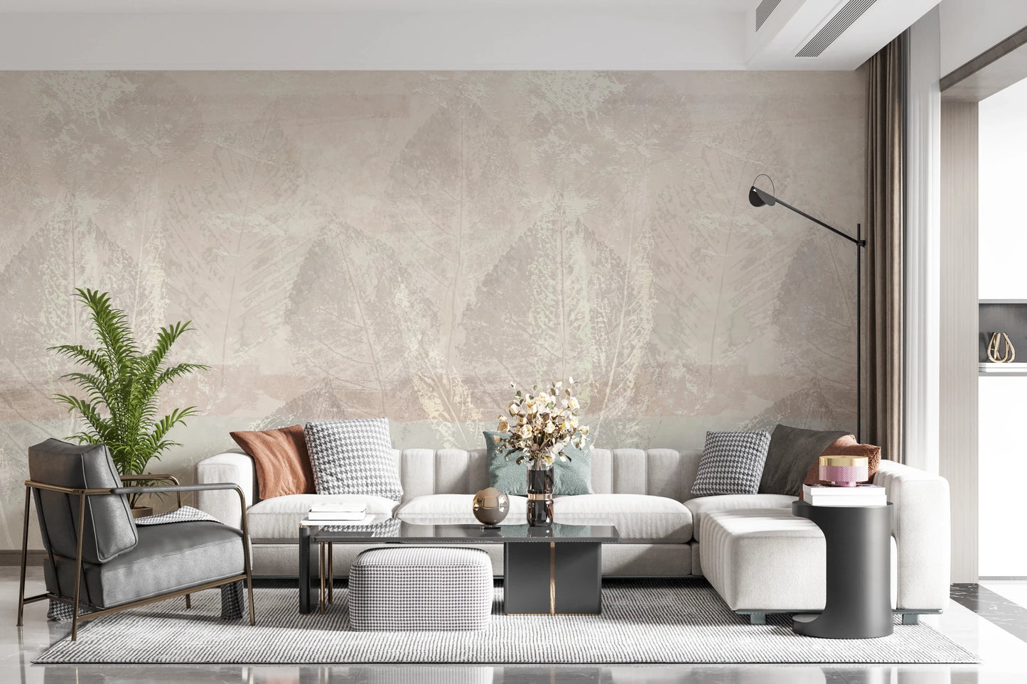 Ethereal Leaves Texture Cream Wall Mural with soft vintage leaf outlines