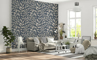 Ethereal Leaves botanical wallpaper mural in dusty navy tones.