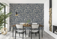 Moody indigo backdrop Ethereal Leaves elegant wallpaper for walls.
