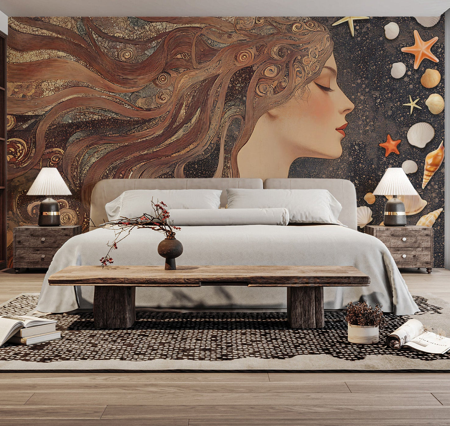 Divine feminine energy mural with starfish and shells
